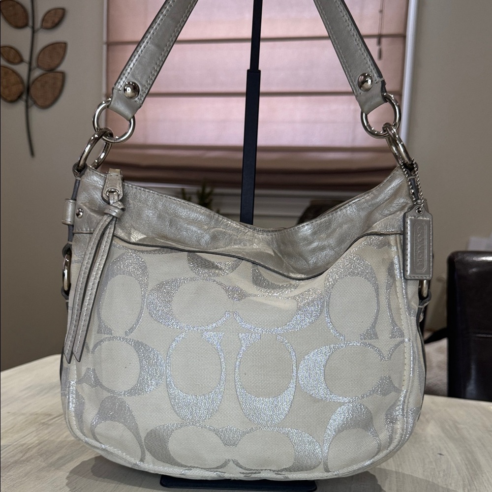 Coach Metallic Silver and Cream Shoulder Hobo Bag
